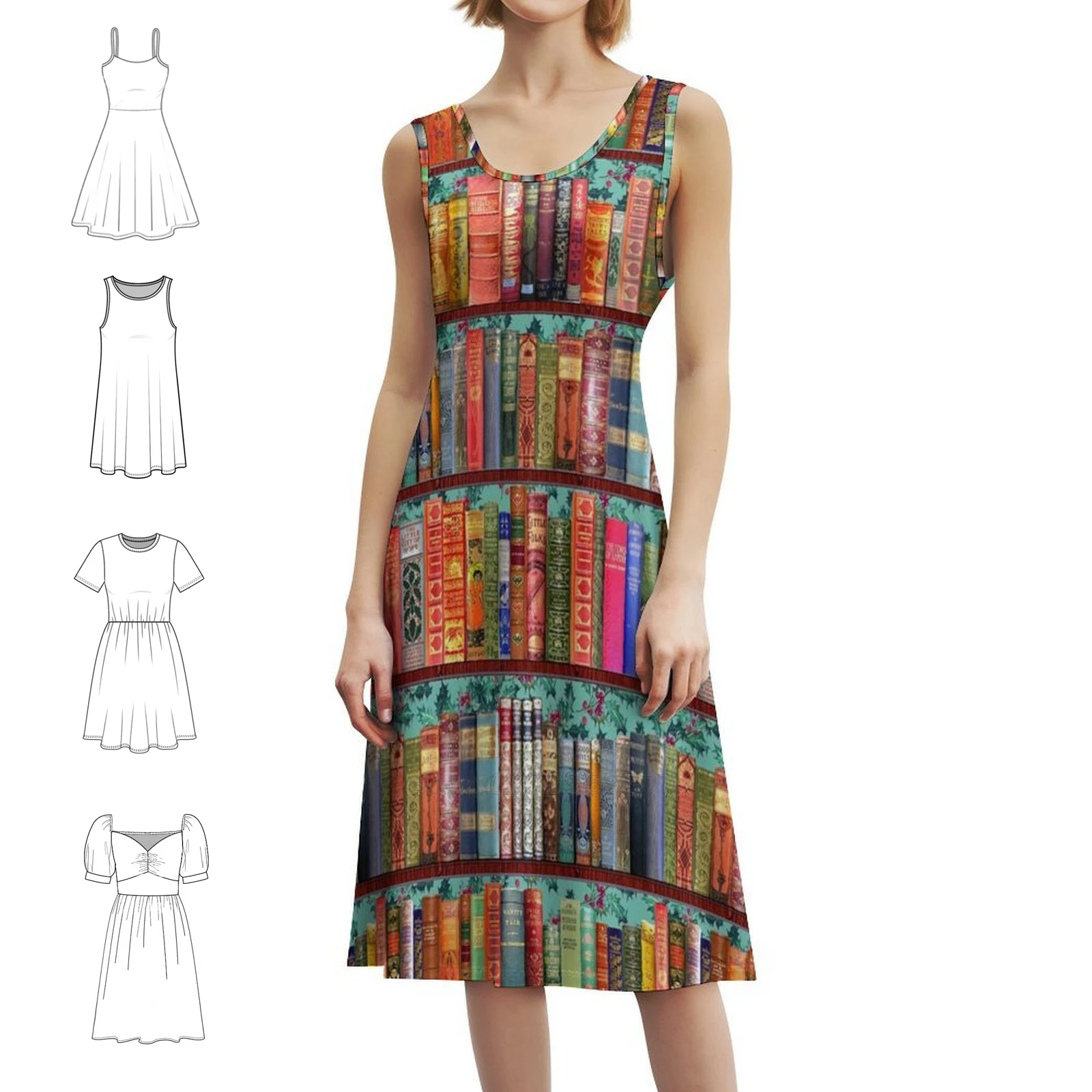 كتب عيد الميلاد خمر هولي البوهيمي فستان بلا أكمام متعدد الطباعة شاطئ عطلة فستان الحفلات كتب خمر رف الكتب العتيقة #1