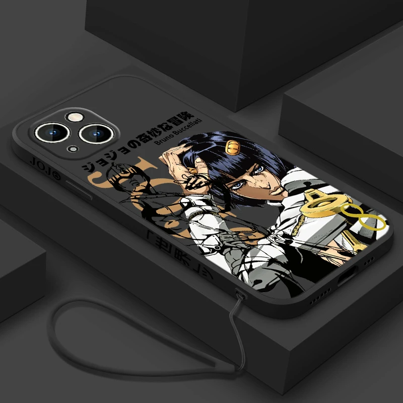 JOJO Anime carino per Apple iPhone 15 14 13 12 11 XS XR X 8 7 Pro Max Plus Mini custodia per telefono con corda sinistra liquida