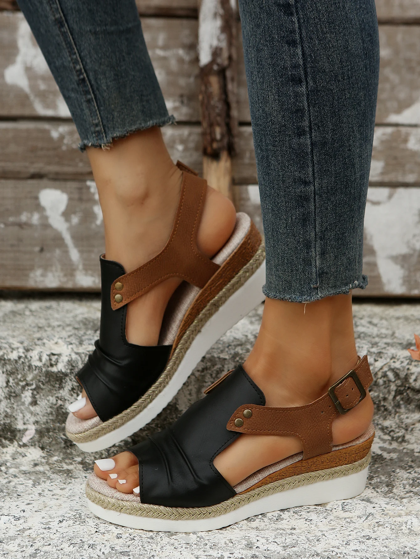 Summer cash cross-border plus size women\'s sandals with wedge and hemp rope bottom fishmouth sandals Amazon hot spot sandals.