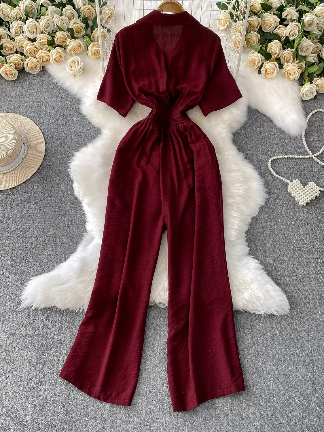 

Slimming Wide Leg Pants ort Sve Suit Collar Women's Onesie Elastic Waist High Waist Long Pants Comfortable Summer Design