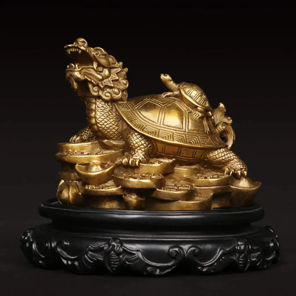 Amperer Feng Shui Brass Dragon Turtle Statue Wealth Prosperity Sculpture with Set of 5 Lucky Charm Ancient Coins on Red String B