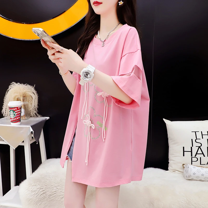 

Temperament Summer Women's Round Neck Printed Side Split Lace Panel Fashion Casual Mid Length Loose Short Sleeved T-shirt Tops