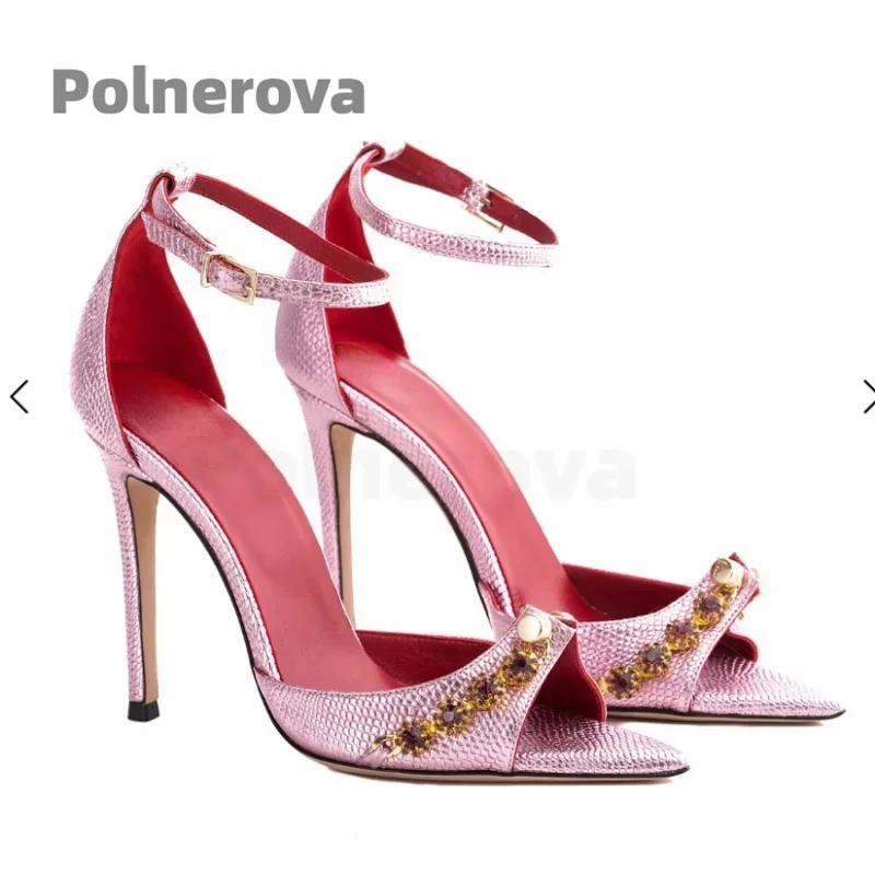 

Rhinestone Gems High Heels Sandals Women Shoes Summer Luxury Ankle Strap Cover Heel Sweet Pink Party Shoes Metal Nail Sandals