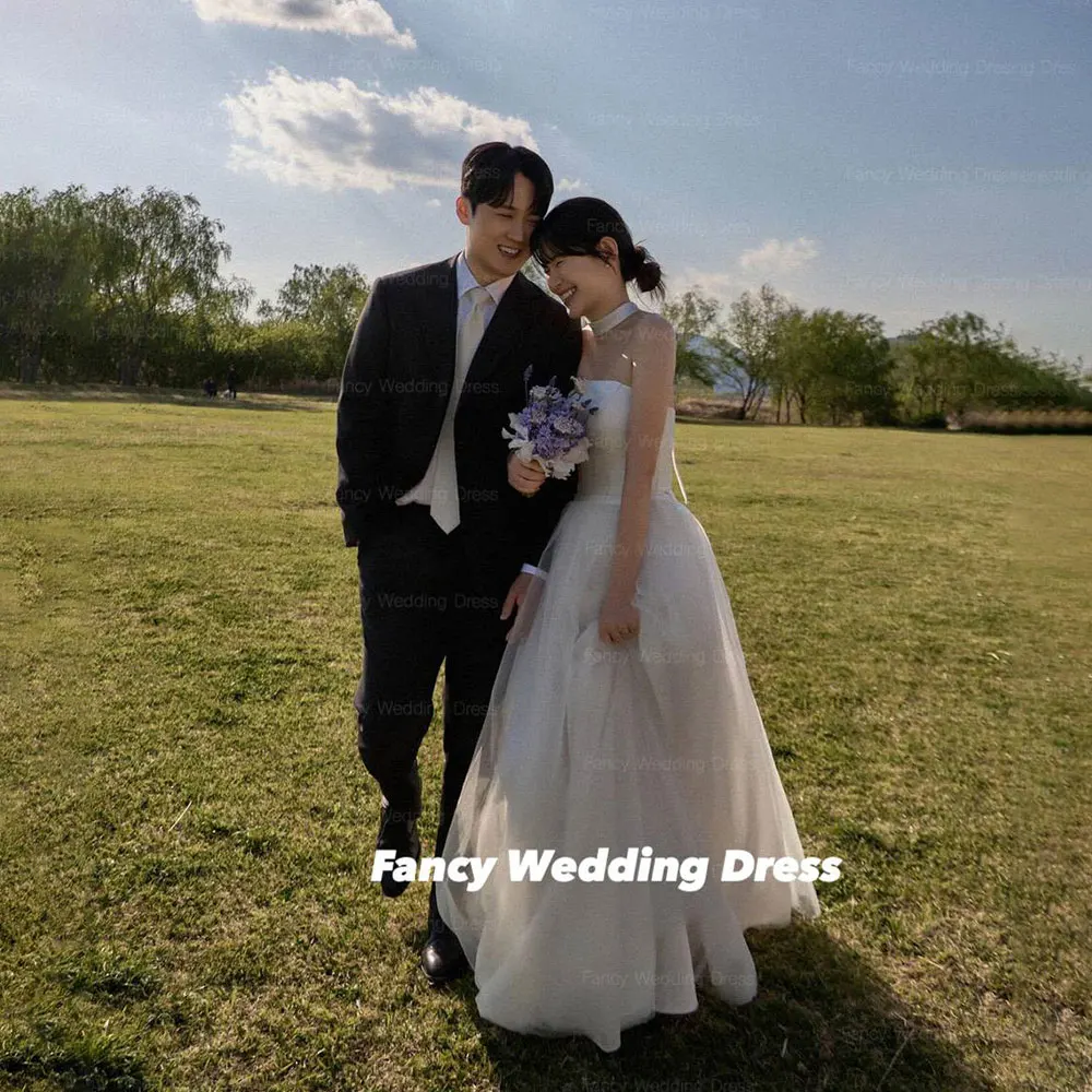 Abito da sposa semplice in raso e tulle fantasia Corea Garden Photography Abiti da sera senza maniche con linea A con scialle personalizzato