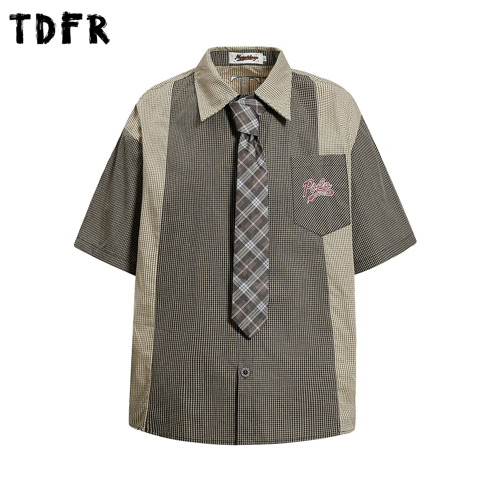 

Letter Embroidery Short Sleeve Plaid Shirts Mens Pocket Summer Retro Casual Lapel Single Breasted Half-Sleeve Cotton Shirts Man