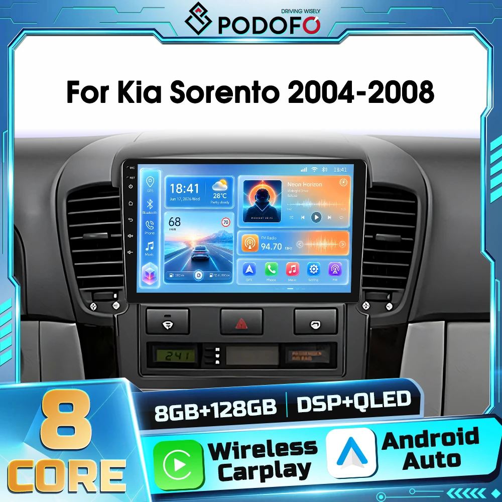 Autoradio Android 2DIN con controllo vocale AI Podofo per Kia Sorento 2004-2008, Carplay wireless, Autoradio, navigazione GPS, Android Auto, WIFI, DSP, ricevitore FM, RDS, Bluetooth