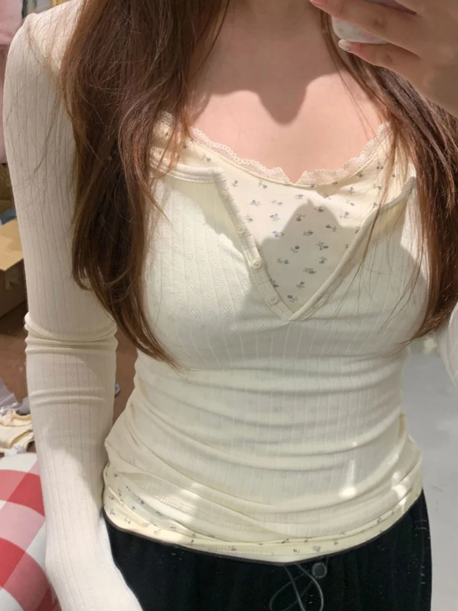 Lace Floral Print Illusion Two-Piece Base irt Women's Spring Autumn Tight Long Sve T-irt Korean Sle Slim Fit