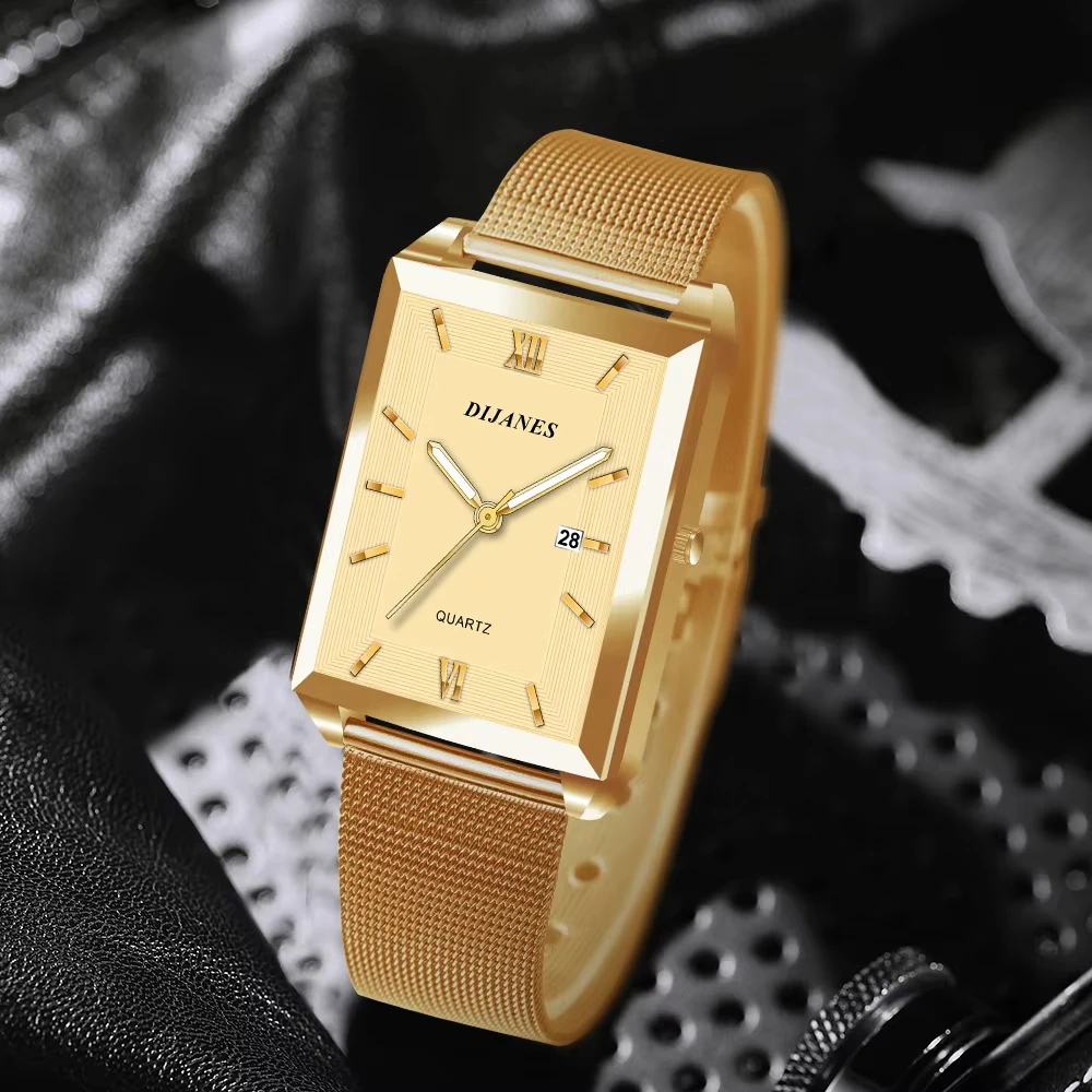 Luxury Men's Golden-Tone Business Watch,Rectangular Dial Quartz Movement, Mesh Band Analog Display Durable & Stylish Timepiece