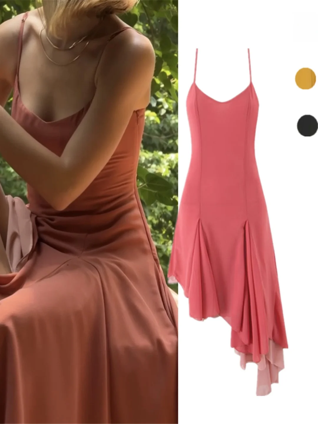Vestido Midi con Tirantes y Dobladillo Asimétrico con Encaje Romántico, Estilo Europeo, Primavera, Verano, Otoño, Moderno, Es...