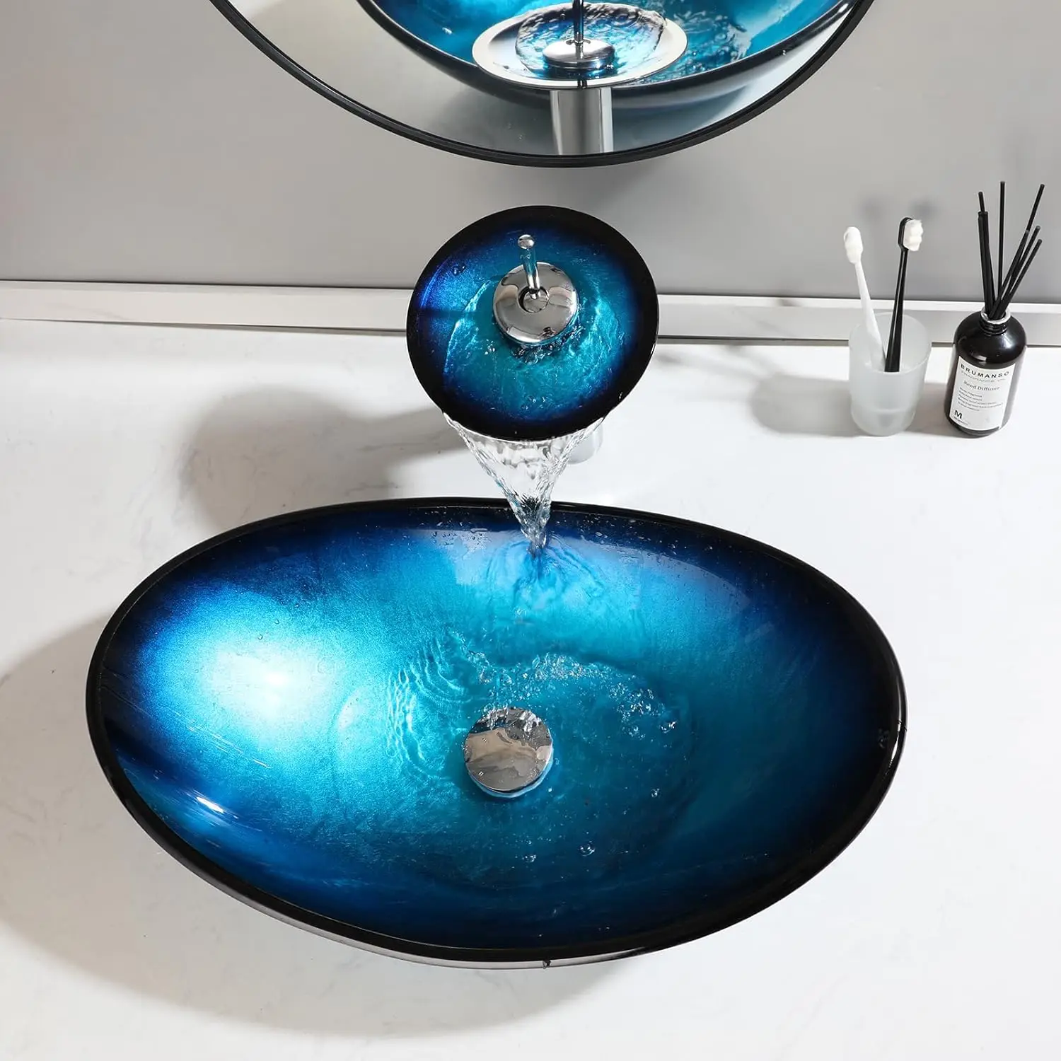 KEMAIDI Oval Blue Bathroom Vessel Sinks With Faucet Vessel Sink Bathroom Glass Sinks Boat Shape Above Counter Glass Sink Bowl view 3