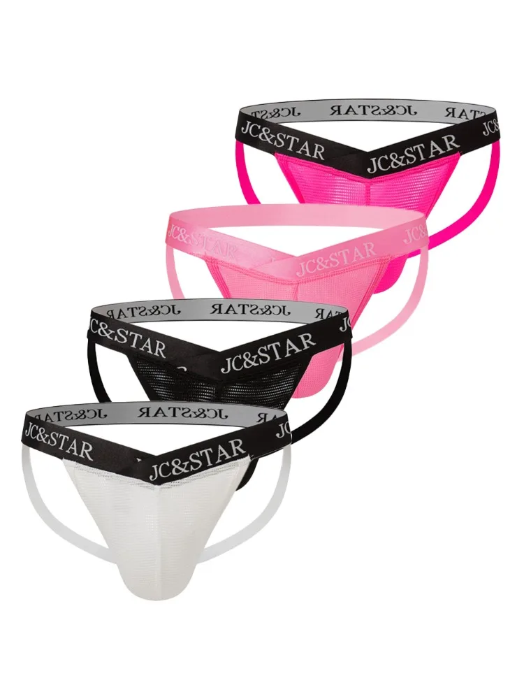 4PCS JC Men Jockstrap Underwear Thong Sexy Low Waist Letter Male Sexy Panties Anal Mesh Breathable Sissy Lingerie