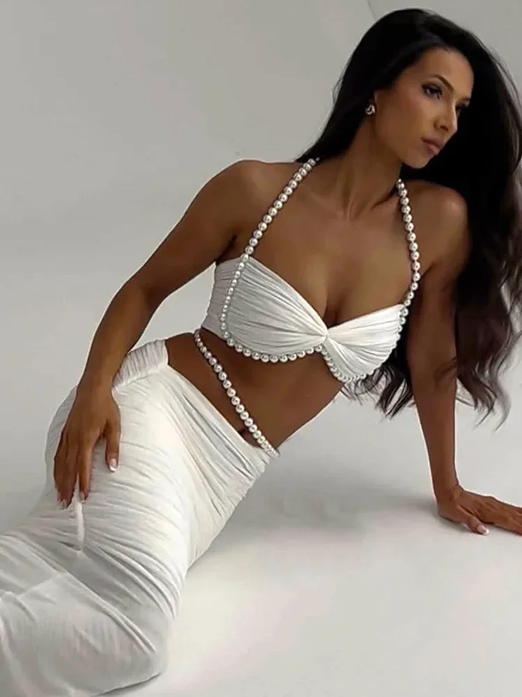 Pearl Sexy Two Piece Set Women Elegant Halter Strapless Crop Tops And Maxi Skirt Sets Ruched Club Party Dress Set
