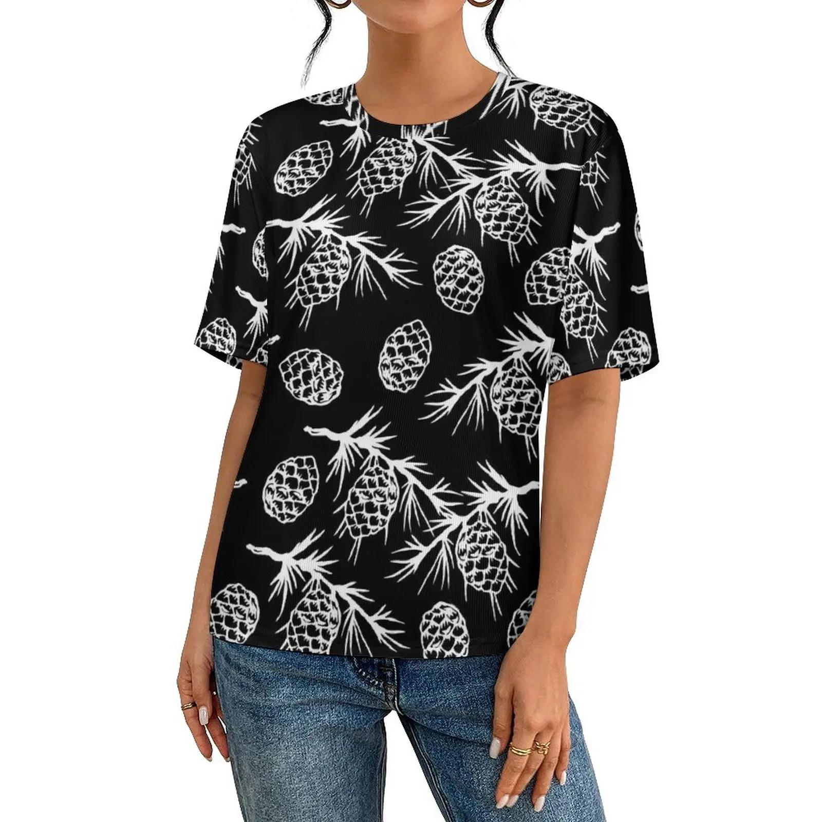 Premium T Shirt White Pine Cones T Shirts Festive Fall Print Y2K Fun Fashion Tees For Men Short Sleeve Graphic Oversized Tops