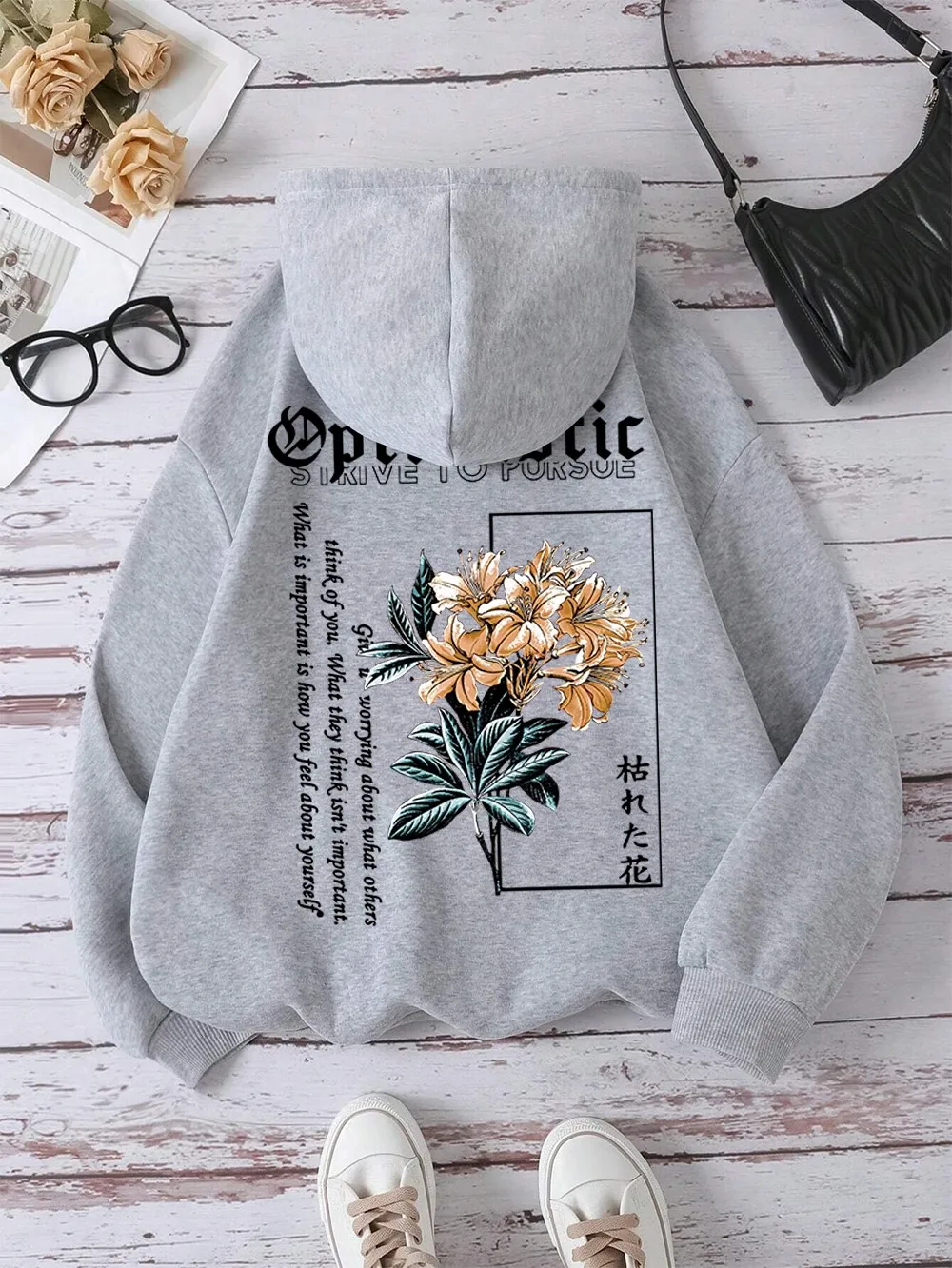 Optymistyczne bluzy z kapturem Strive To Porsue Harajuku Flower Mężczyźni Kobiety Hip Hop Street Clothes Fleece Sportswear Casual Pullovers Hoody — zdjęcie 2