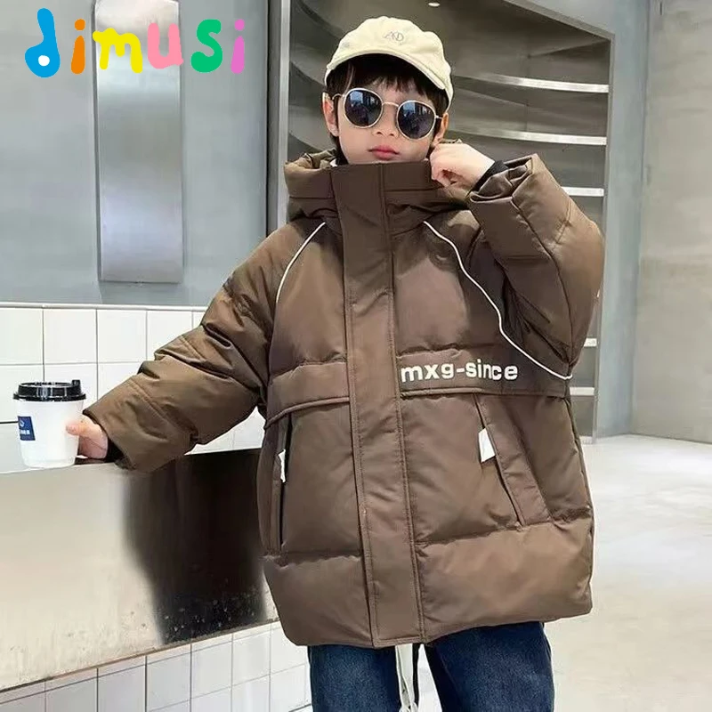 Winter Kids Jacket Outdoor Casual Thickened Letter Hooded Boy's Medium Long Cotton Padded Fashion Warm Coat Children's Clothing