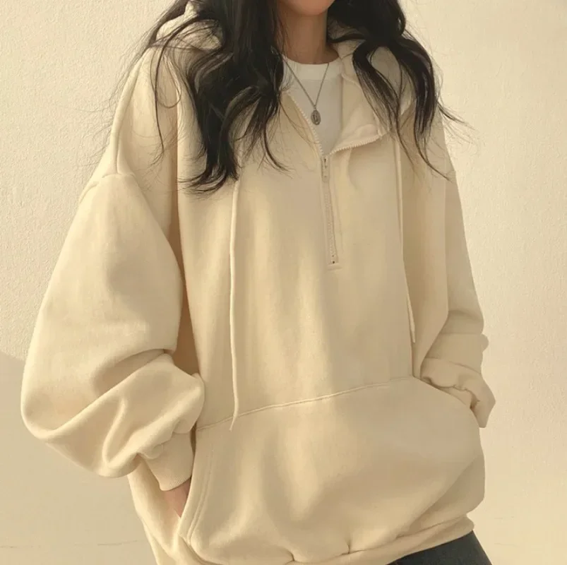 

Autumn Winter New Women Solid Sweatshirts Thickening Hooded Jackets Coats Oversized Pullover Half Zipper Hoodies Y2k Clothes