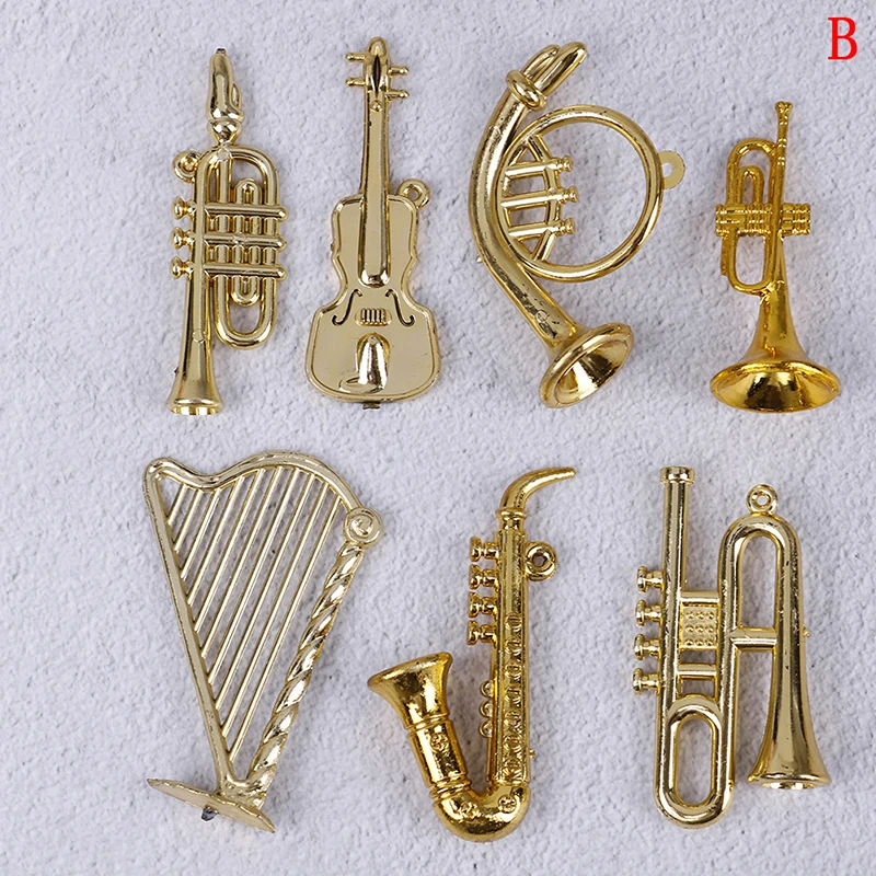 7/14Pcs Mini Plastic Musical Instrument Gold Christmas Tree Hanging Xmas Decor For Friends Collecting Musical Cute Toy