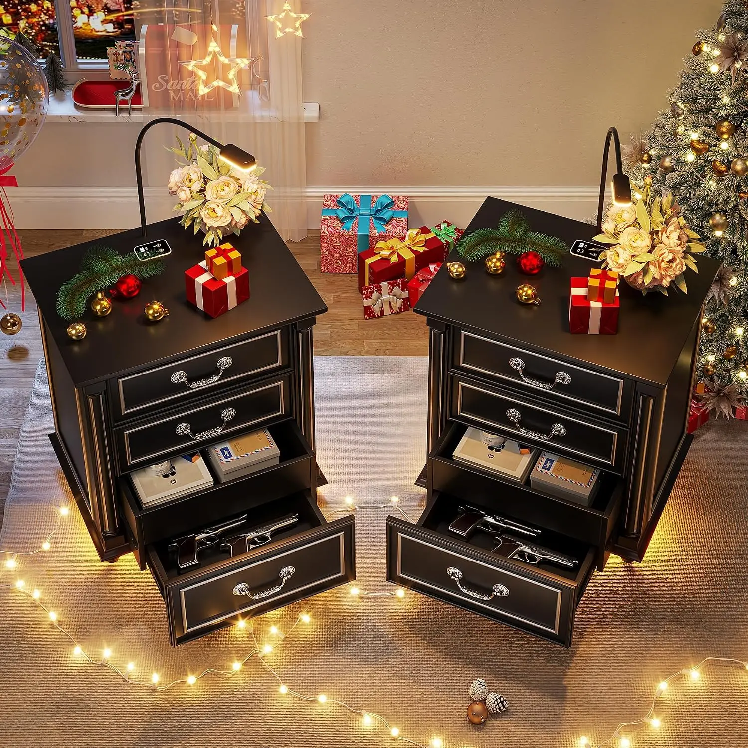 Nightstand Set of 2 with Gun Drawer & Charging Station, Customized