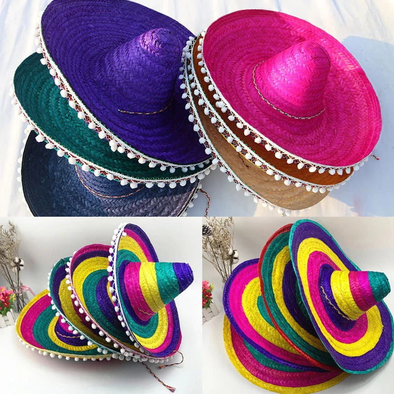 Sombrero de paja con pompón para hombre y mujer, sombrero de verano para el sol, fiesta de Halloween, disfraz de Cosplay, decoraciones de Fiesta Mexicana
