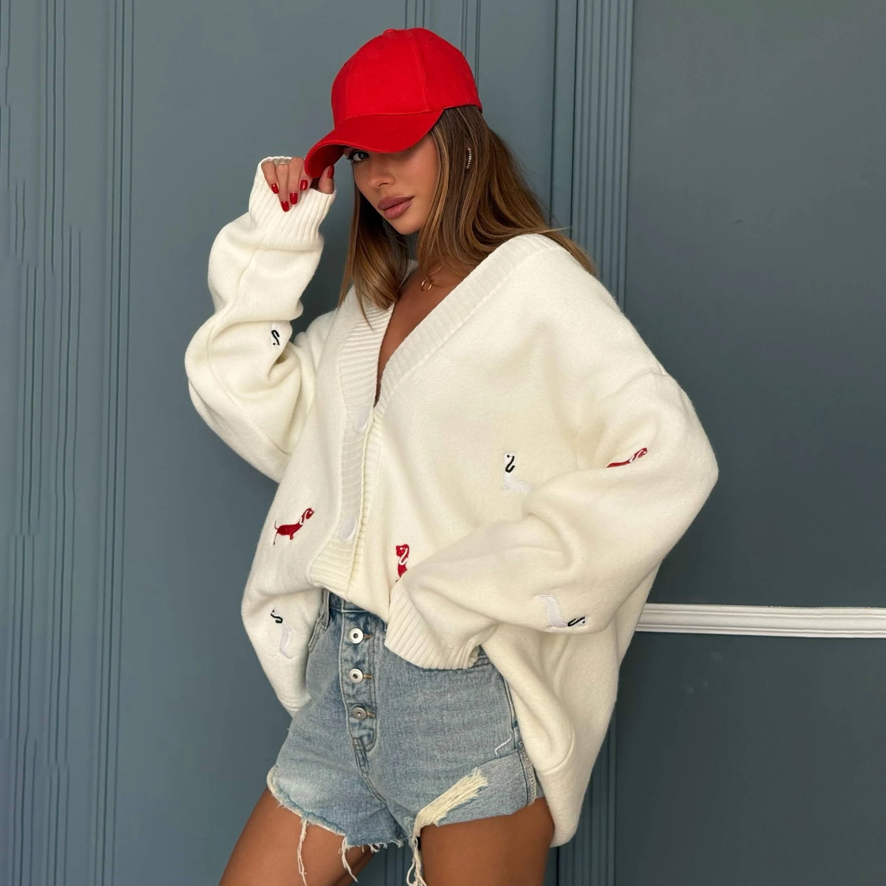 Kardigan Rajut Wanita Model Baru, Bordir Dachshund, Super Longgar, Lembut, Santai, Modis, Pakaian Luar