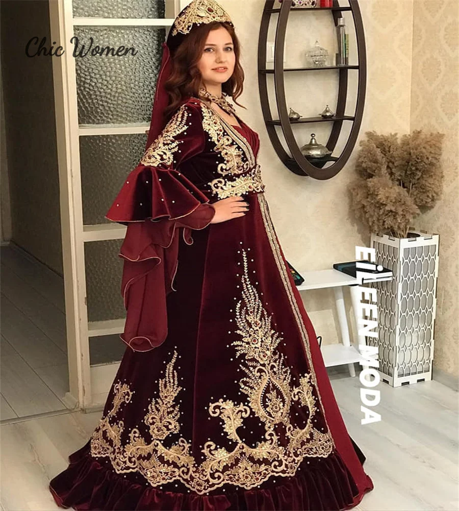 Vestido de casamento turco com apliques dourados, Vestido de noiva Borgonha, Abaya luxuoso com mangas Flare, vestido frisado, estética medieval, noiva muçulmana, 2024