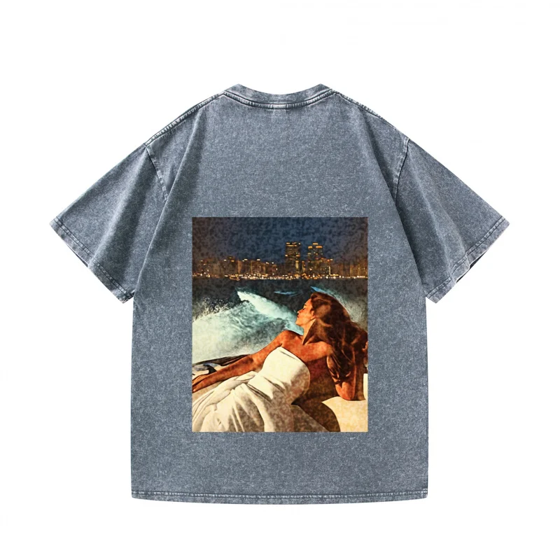 تي شيرت رجالي رمادي Cityscape Couple Print كاجوال للارتداء اليومي، قمة الموضة للأنشطة الصيفية الخارجية