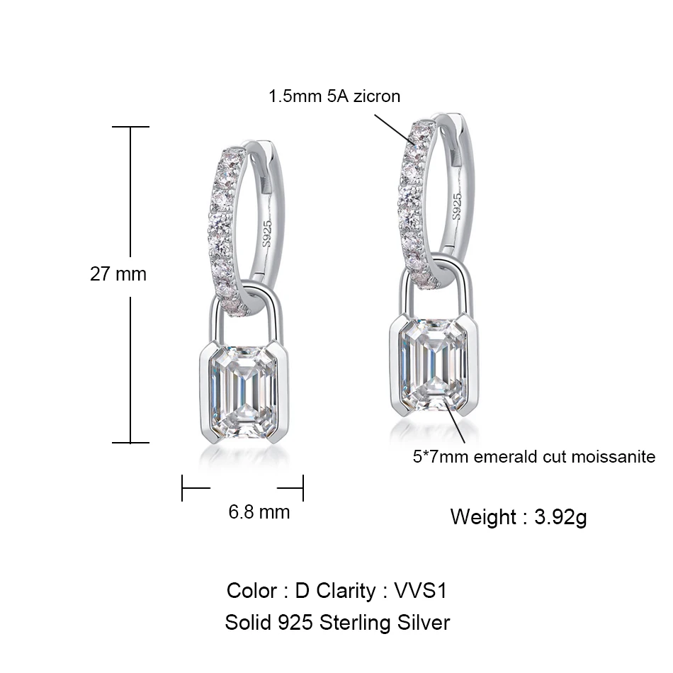 ALLNOEL D اللون مويسانيتي قفل هوب أقراط للمرأة 925 فضة أقراط هدية عيد ميلاد المجوهرات بالجملة مع GRA