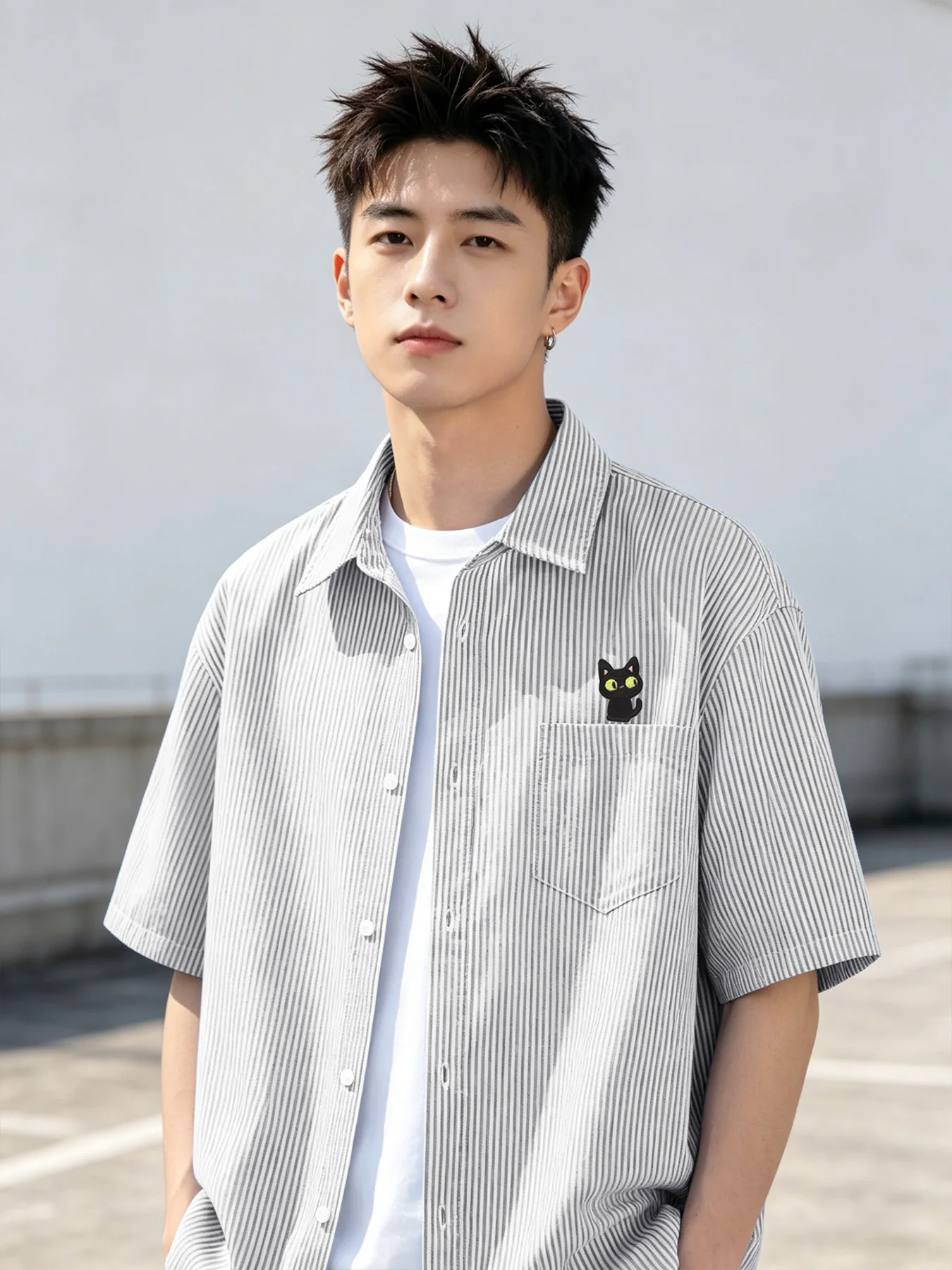 Summer New Men's Clothing Fun Cartoon Cat Patch Print Multi-Color Optional Loose Short-Sleeve Striped Shirt