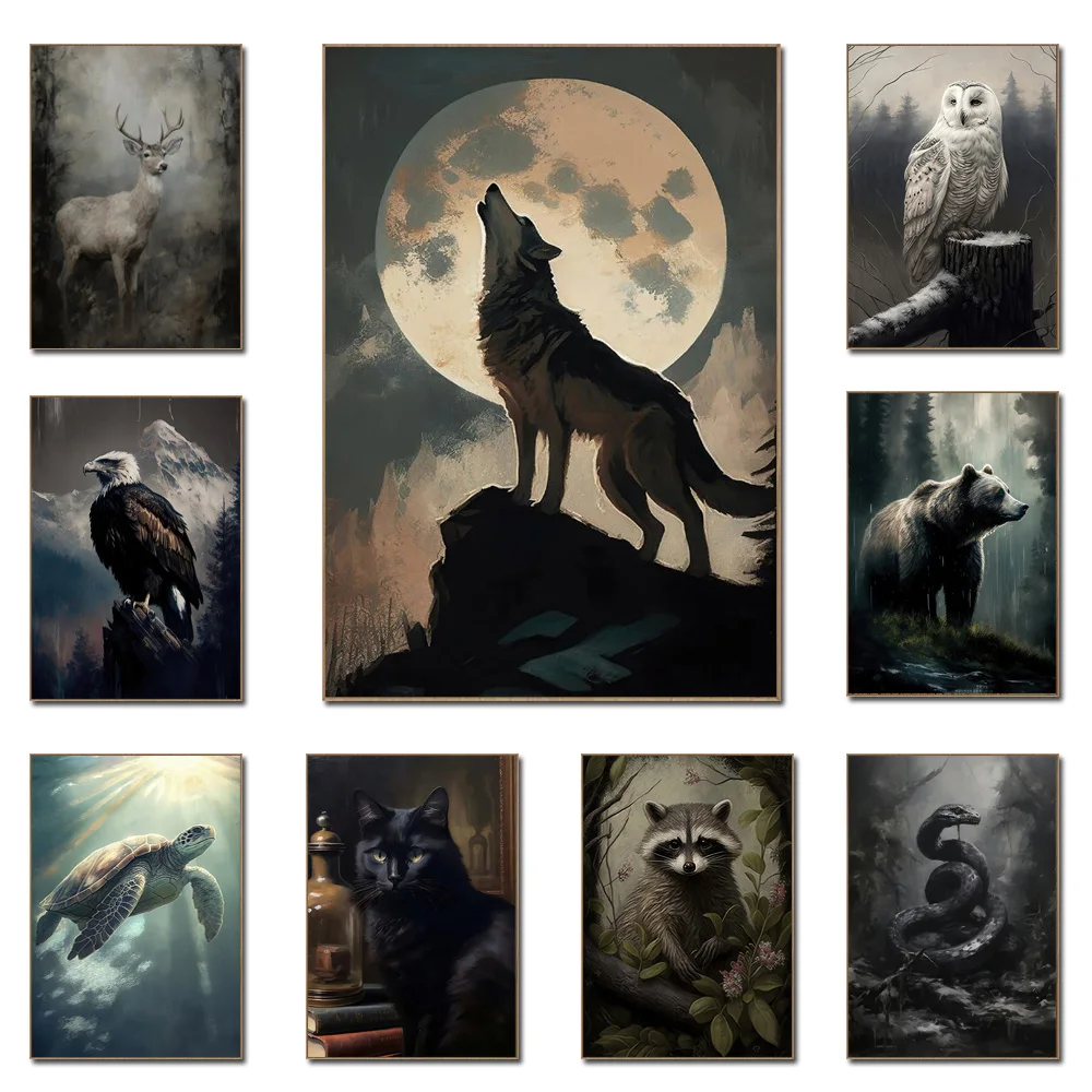 Vintage Dark Academia Wall Art Whimsical Animals Posters And Prints Wolf Deer Eagle Giclee Canvas Painting For Living Room