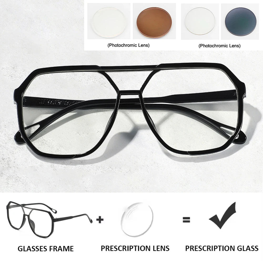

Prescription Photochromic Glasses Anti Blue Light Square Frame Retro Double Beam Computer Glasses for Women 0.00 to -6.00 Black