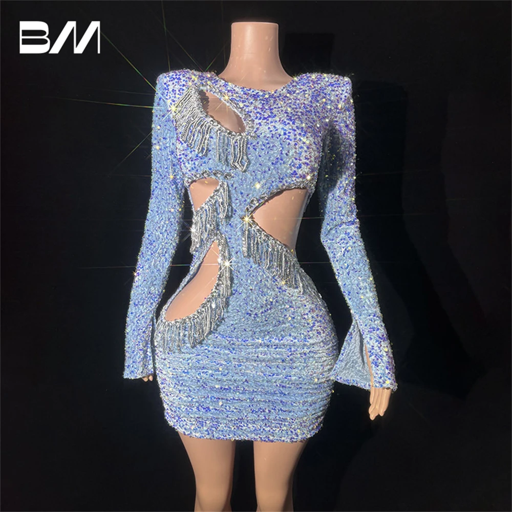 

Full Sleeves Sequined Short Women Prom Dress Cut-out Tassel Fitted Mini Cocktail Dresses Glitter Sparkle Party Gown