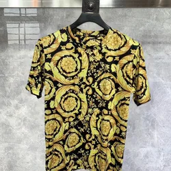 Black Gold Flower Print Tee Shirt Summer Retro Tshirt For Men Short Sleeve Tshirt Homme Men Social Club Outfits Harajuku Tshirt