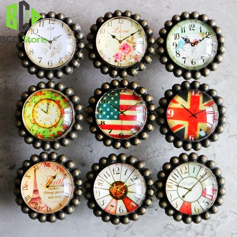 American Country Crystal Kitchen Cabinet Door Handles Clock Single Hole Drawer Wardrobe Cabinet Knobs and Handles for Furniture