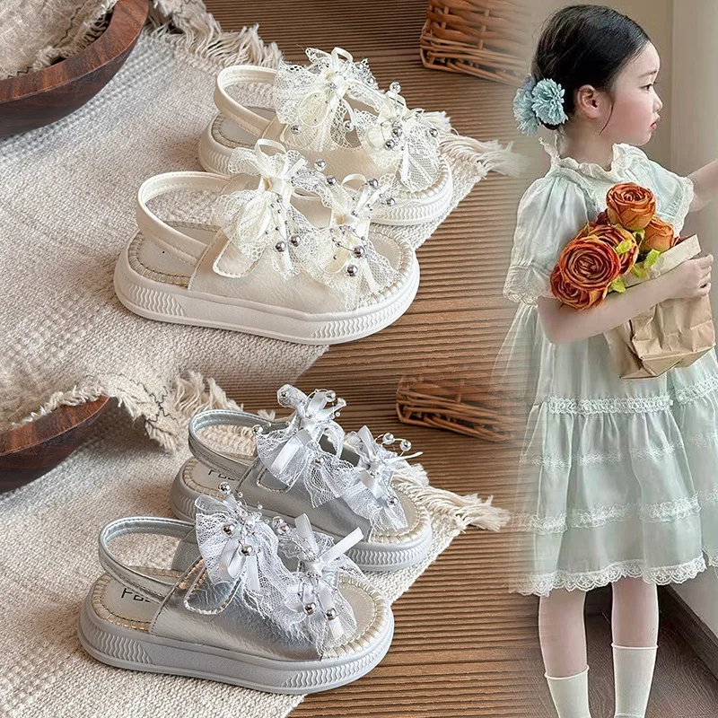Summer New Girls Sandals Princess Shoes Children's Lace Bow Soft Sole Non-slip Fashion Beach Shoes Size 23-36