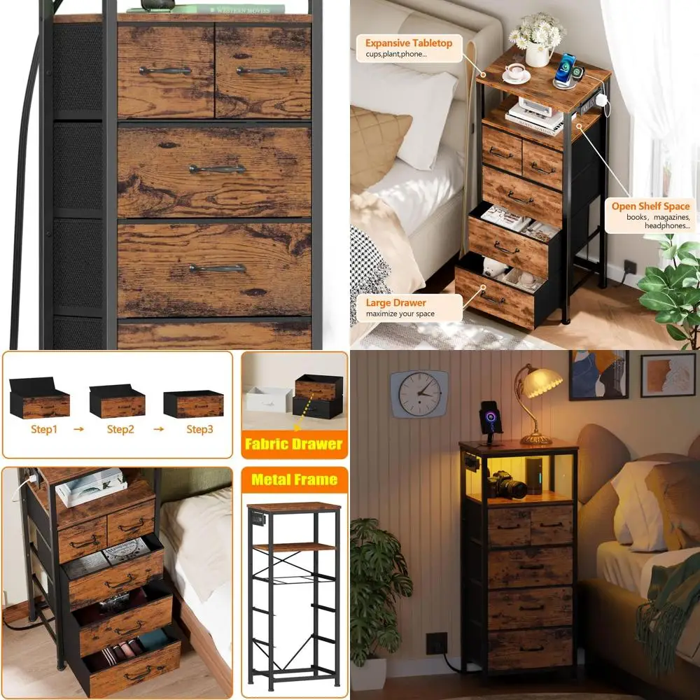 

Bedroom Dresser, Tall Nightstand, Vertical Chest with Wooden Lid, Charging Station, LED Lighting, 5 Fabric Bins, Bedside Table w