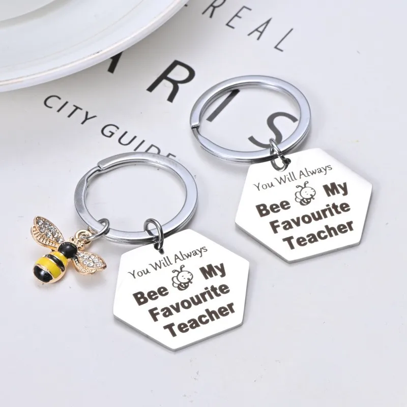 Ufine Bee happy  stainless steel Key hexagon Ring Jewelry you will always bee my favorite teacher Key Holder K1022