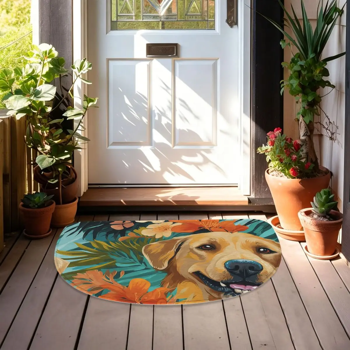 Golden Labrador Retriever Dog Tropical Flannel Half Round Doormat Non Slip Bathroom Mat Absorbent Floor Carpet for Home Bedroom