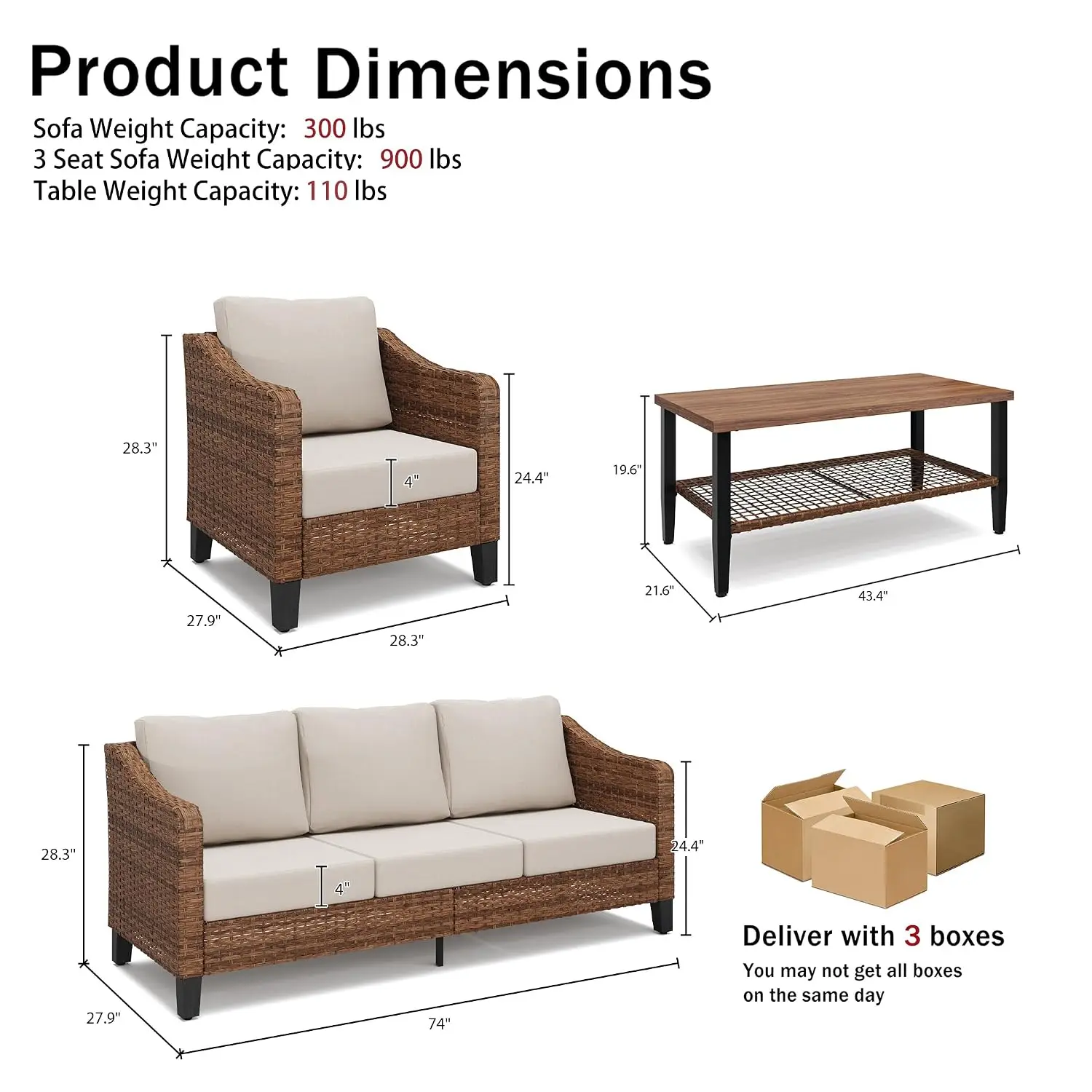 4-Piece Patio Sectional Set, Outdoor Wicker Sofa & 2-Tier Coffee Table, Modular Furniture for Backyard Garden, Customized