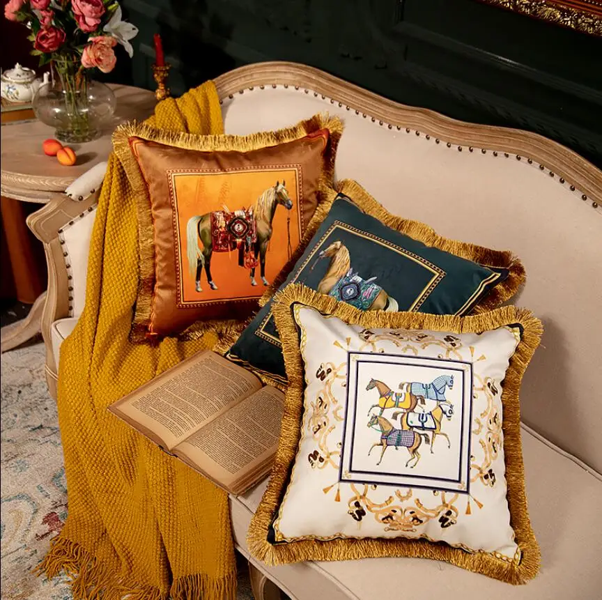 

Luxury European Horse Cushion With Tassels Pillow Cover Villa Pillowcase Velvet Living Room Office Home Decorative Sofa Throw