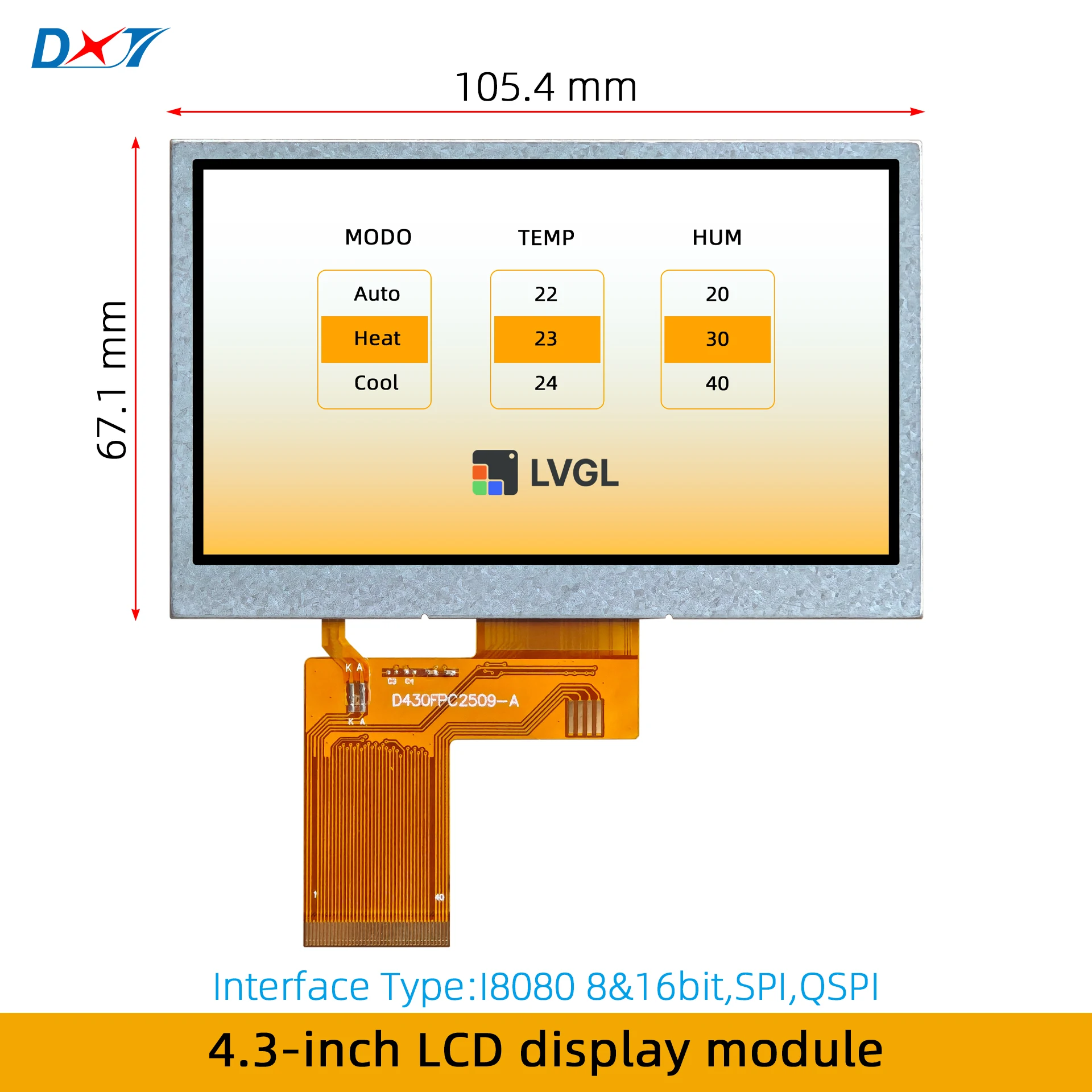 4.3 inch LCD display module supports MCU 8bit, 16bit, I8080, SPI, QSPI resolution 480*272 TFT color screen LCM