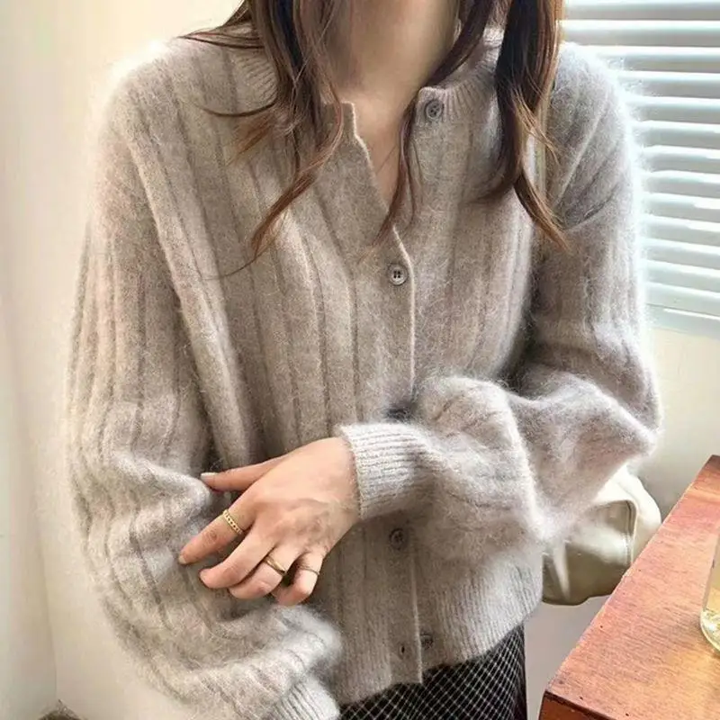 

Striped Hem Slimming Lantern Knit 2026 Cardigan Coat Round Neck New Loose Lazy Sweater Gray