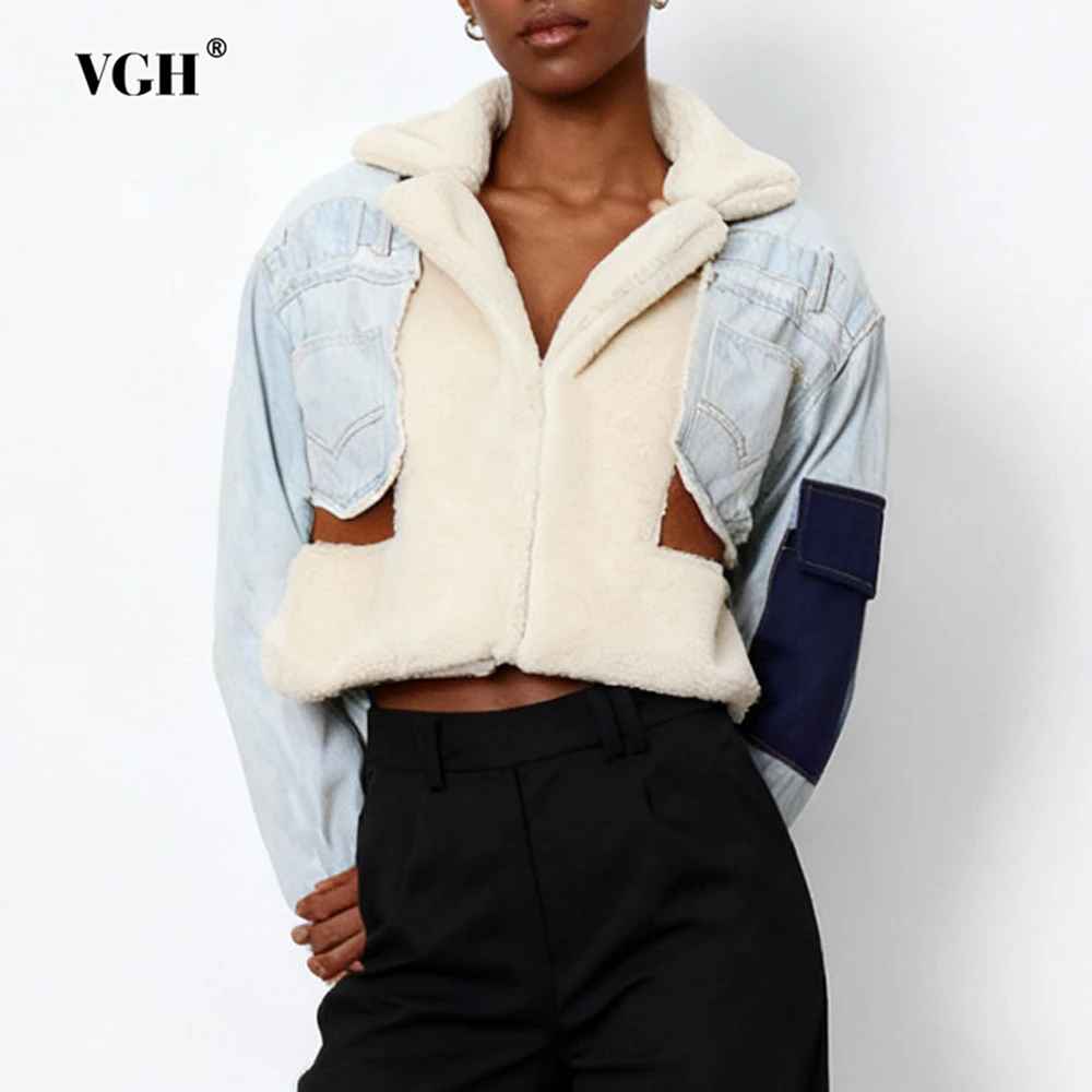 

VGH Slimming Design Sense Hit Color Jackets For Women V Neck Long Sleeve Autumn Warm Temperament Jacket Female Fashion Style New