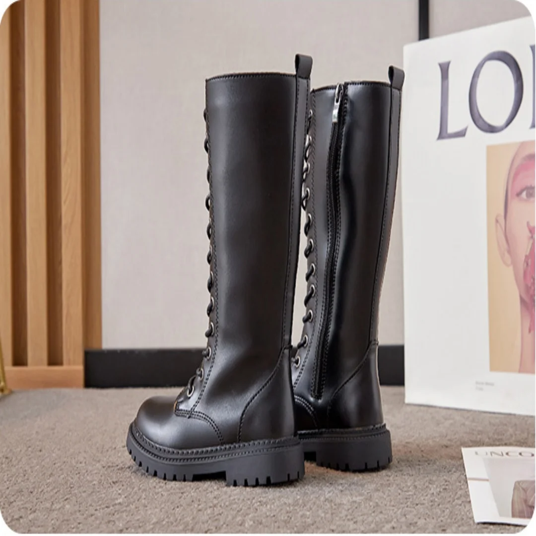 Kids'Boots Solid Color PU Leather Fashion Spring Knee-high Boots For Girls Anti-slip Breathable Black White Shoes Size 27-37