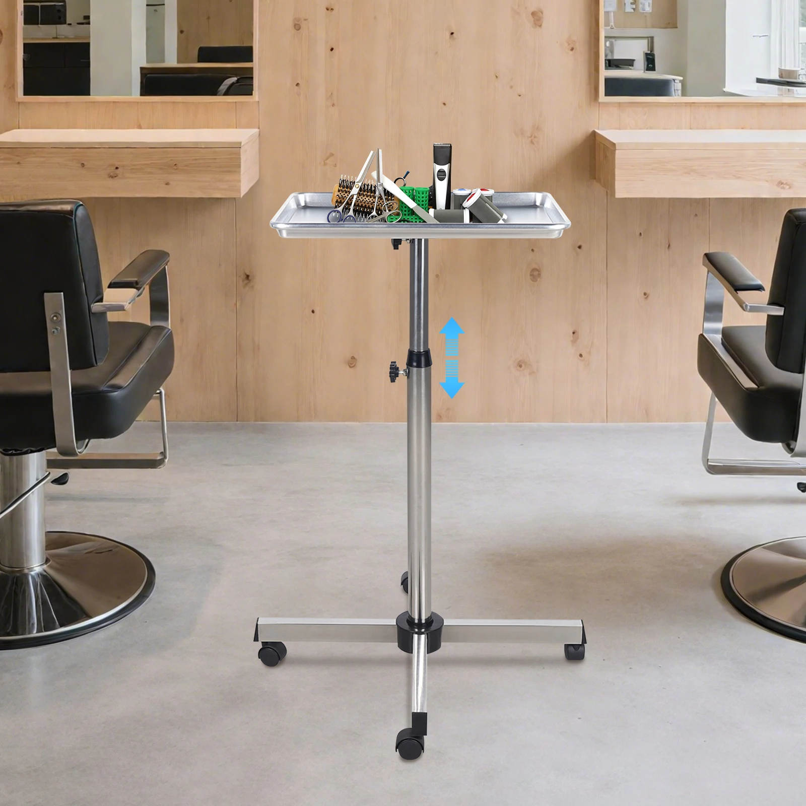 Hair Tool Tray Cart Indoor 70-103cm Height Adjustable Salon Cart with 4 Wheels Silver Mobile Service Trolley for beauty stores, barber stores, spas, homes,studios, clinics