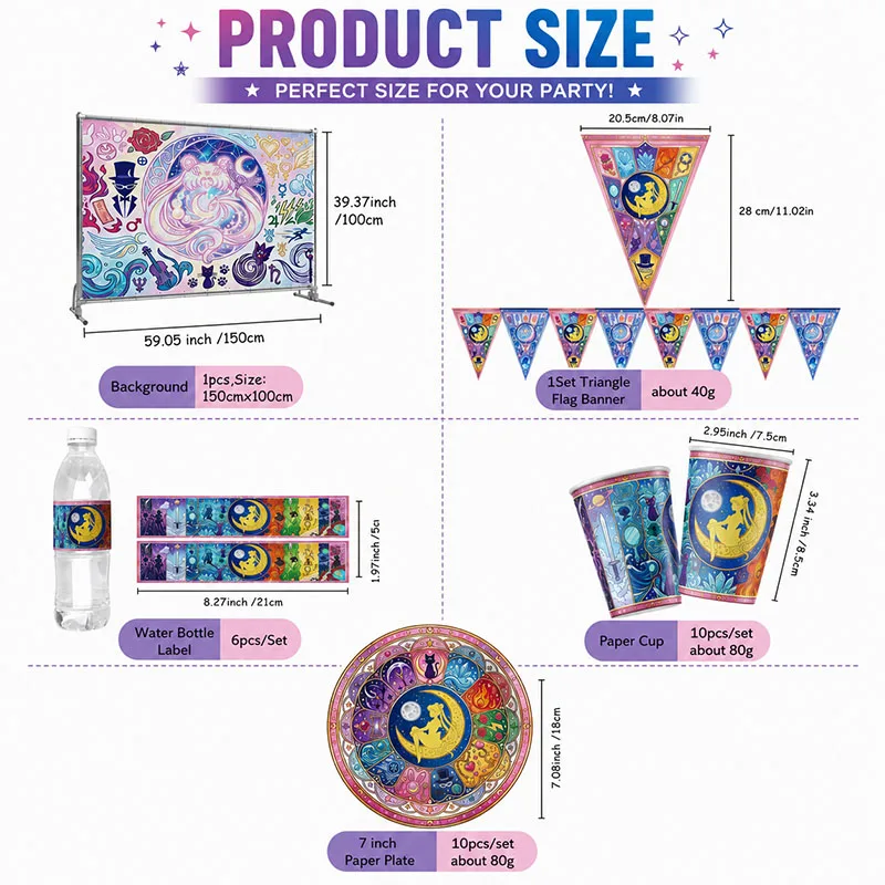 Bunte Sailor Moon Themen-Pappteller, Becher und Strohhalme im Cartoon-Stil für Familienfeiern, Geburtstagspartys und Geschenksets – Detail 5