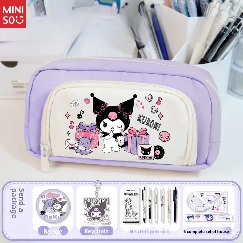 Miniso Kuromi Estojo de lápis Suporte de caneta de anime fofo, material escolar de grande capacidade para meninas, ensino médio