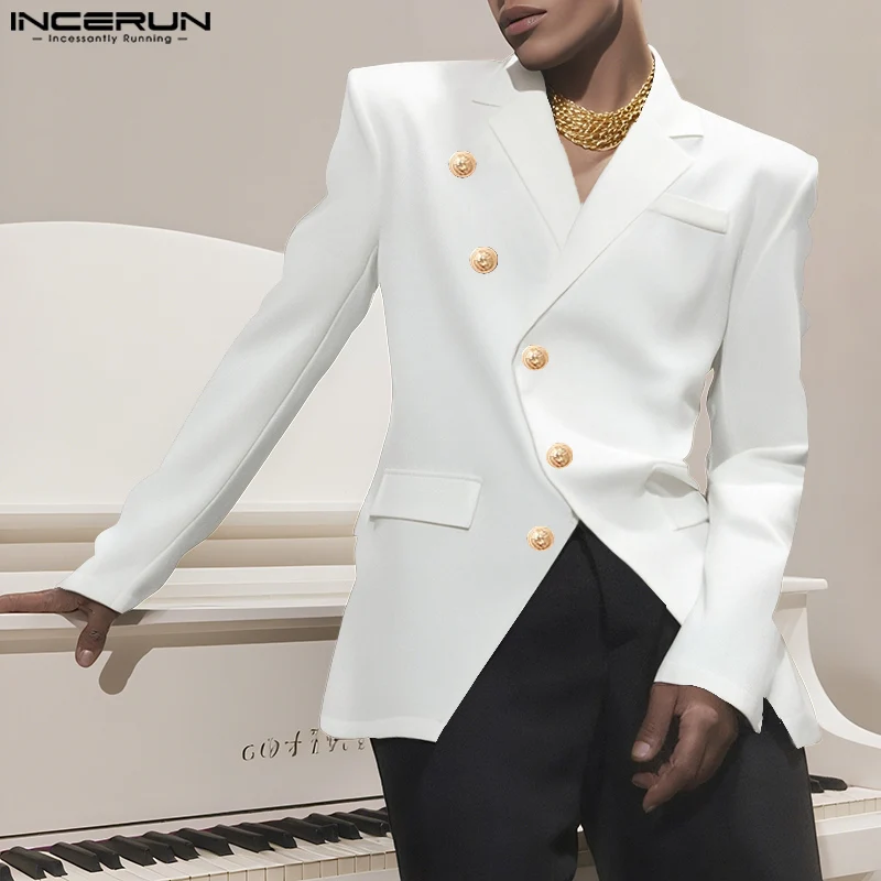 INCERUN Men Blazer Solid Color Lapel Long Sleeve Button Casual Male Suit Streetwear Spring Autumn Elegant Fashion Thin Coats Men