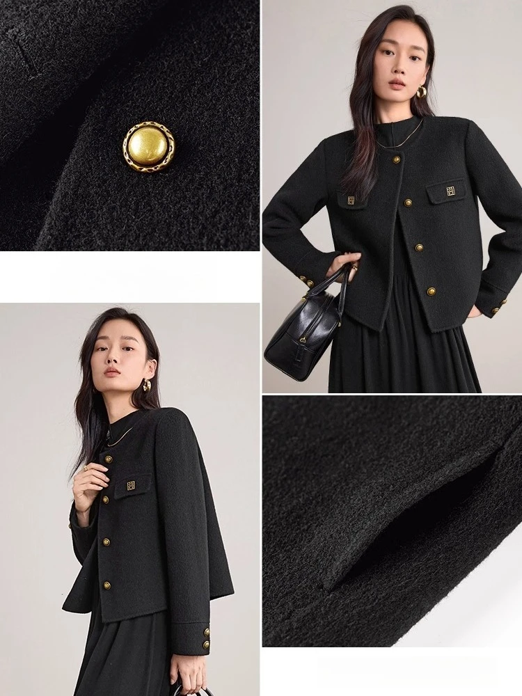SENTUBILA Women's Wool Coat Round Neck Contrast Trim Double-Faced Wool Coat Metal Buttons Short Coat Women's Clothing W54OF8773
