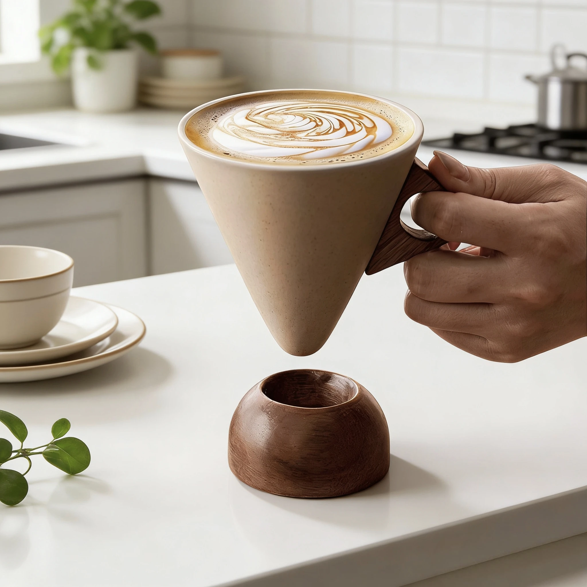 

Matte Finish Conical Coffee Mug with Wooden Handle & Bead Base, Ideal for Pour-Over Coffee, Latte & Hot Drinks