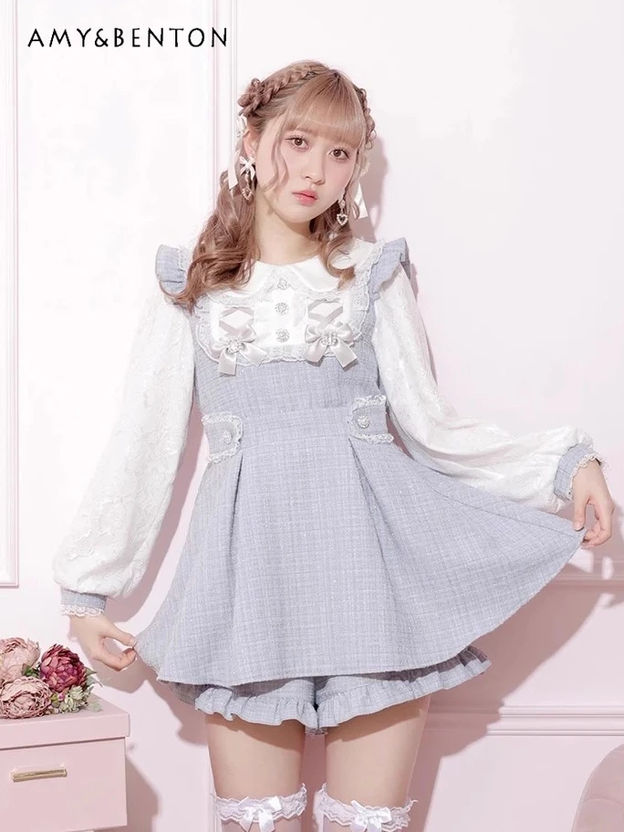 

Spring New Japanese Mine Lolita Dress Sets Sweet Cute Bow Doll Collar Long Sleeve Dress Wide Leg Pants Two-Piece Sets Womens